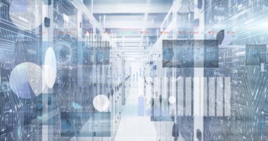 Sunucu odasında veri işleme resmi. Küresel teknoloji, bilgisayar ve dijital arayüz kavramı, dijital olarak oluşturulmuş resim.