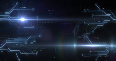 Aydınlatılmış devre kartı deseni ve siyah arkaplan üzerindeki ikili kod merceklerinin görüntüsü. Dijital olarak üretilmiş, hologram, kodlama, makine öğrenme, anakart ve teknoloji kavramı.