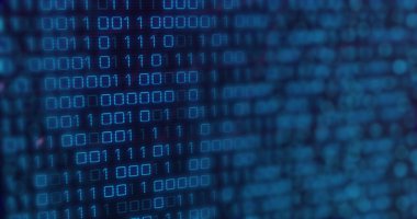 Mavi arkaplanda veri işleme resmi. Küresel iş ve dijital arayüz kavramı, dijital olarak oluşturulmuş görüntü.