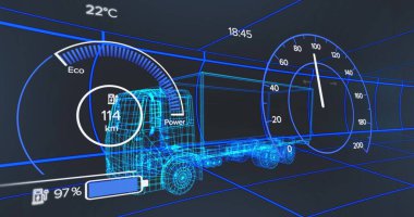 Donanma arka planında elektrikli kamyon projesi üzerindeki hız göstergesi. elektrikli arabalar, eko güç, sürdürülebilirlik ve teknoloji konsepti, dijital olarak üretilen görüntü.