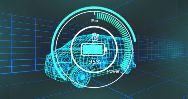 Donanma arkaplanındaki elektrikli minibüs projesinin üzerindeki pil seviyesi. elektrikli arabalar, eko güç, sürdürülebilirlik ve teknoloji konsepti, dijital olarak üretilen görüntü.