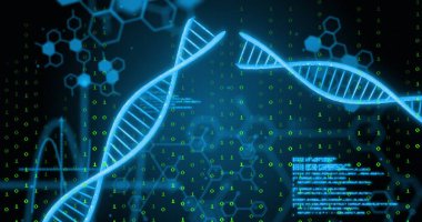 Veri işleme üzerindeki DNA iplikçiklerinin resmi. Küresel iş ve dijital arayüz kavramı, dijital olarak oluşturulmuş görüntü.