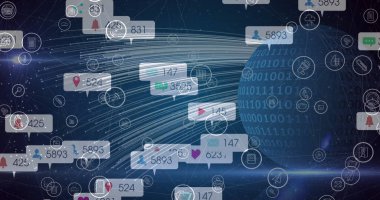 İkili kodlama ve sosyal medya simgeleri ve sayılarının oluşturduğu bir dünya görüntüsü. küresel sosyal medya, bağlantılar ve veri işleme konsepti, dijital olarak oluşturulmuş resim.