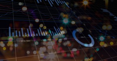 Izgara üzerinde istatistiklerle veri işleme resmi. Küresel iş, finans, hesaplama ve veri işleme kavramı, dijital olarak oluşturulmuş resim.