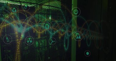 Uygulama simgelerinin ve odadaki veri sunucu sistemlerinin üzerindeki spiral desenlerin resmi. Dijital bileşik, ağ güvenliği, koruma, aydınlatma, ağ oluşturma, teknoloji, veri merkezi, ağ sunucusu