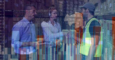 Depodaki beyaz işçilerin veri işleme görüntüsü. Küresel iş ve dijital arayüz kavramı, dijital olarak oluşturulmuş görüntü.