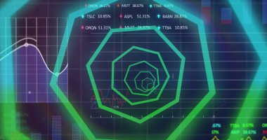 Donanma arkaplanındaki finansal veriler üzerinde dönen neon şekillerin resmi. Küresel finans, ekonomi ve teknoloji kavramı, dijital olarak üretilen görüntü.