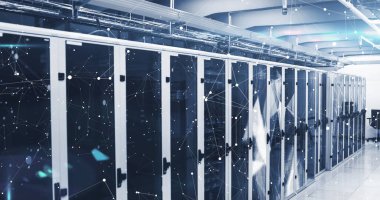 Sunucu odasındaki veri işleme ile bağlantı ağının resmi. Küresel teknoloji, bilgisayar ve dijital arayüz kavramı, dijital olarak oluşturulmuş resim.