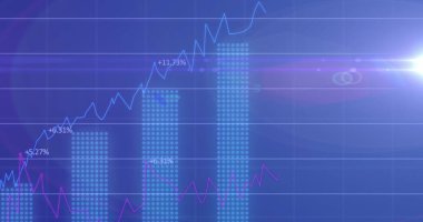 Mavi zemin üzerinde diyagramlar ve ışık noktaları olan veri işleme resmi. Küresel iş ve dijital arayüz kavramı, dijital olarak oluşturulmuş görüntü.