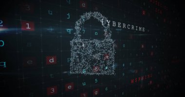 Işıktan yapılmış bir asma kilidin dijital görüntüsü ve kodlarla dolu bir ızgara.