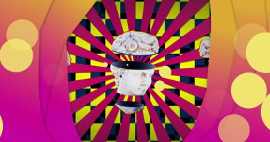 Soyut arka planda kesilmiş antik bir kafa heykeli resmi. Soyut, sanat, renk ve hareket konsepti, dijital olarak oluşturulmuş görüntü.