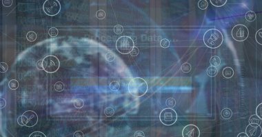 Sunucu odasına karşı veri işleme arayüzü üzerinden dijital simge ağının resmi. Küresel ağ ve iş veri depolama teknolojisi kavramı