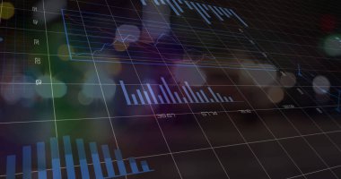 Izgara üzerinde istatistiklerle veri işleme resmi. Küresel iş, finans, hesaplama ve veri işleme kavramı, dijital olarak oluşturulmuş resim.