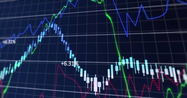 Şebeke üzerinde finansal veri işleme resmi. Küresel iş, finans, hesaplama ve veri işleme kavramı, dijital olarak oluşturulmuş resim.