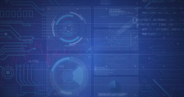 Yuvarlak tarayıcı, mikro işlemci bağlantıları ve veri işleme arayüzünün resmi. Bilgisayar arayüzü ve iş teknolojisi kavramı