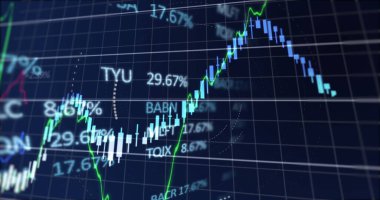 Şebeke üzerinde finansal veri işleme resmi. Küresel iş, finans, hesaplama ve veri işleme kavramı, dijital olarak oluşturulmuş resim.