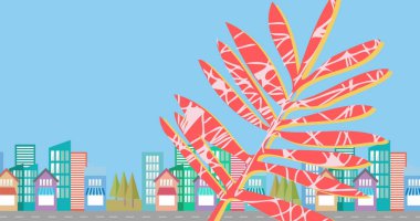 Image of leaf over cityscape on blue background. Colours, shapes and abstraction concept, digitally generated image. clipart