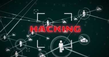 Görüntü bulucu, bağlı ayar ve iş adamı simgelerindeki metni hackleme görüntüsü. Dijital olarak oluşturulmuş, uyarı, yazılım, siber suç, virüs, güvenlik, iş, teknoloji, sorun, çözüm.