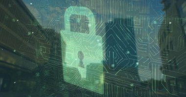 Şehir manzarası üzerinde veri işleme resmi. küresel iş ve dijital arayüz kavramı, dijital olarak oluşturulmuş görüntü.