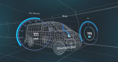 Siyah arkaplandaki minibüs projesi üzerinde hız göstergesi ve güç seviyesi resmi. Yeşil enerji, elektrikli arabalar, tasarım ve teknoloji konsepti, dijital olarak üretilen görüntü.