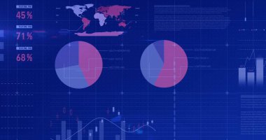 Mavi arkaplan üzerindeki veri işleme ve şekillerin resmi. Küresel iş ve dijital arayüz kavramı, dijital olarak oluşturulmuş görüntü.