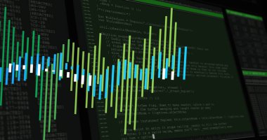 Siyah arkaplan üzerinden finansal veri işleme resmi. Küresel iş, finans, dijital arayüz, hesaplama ve veri işleme kavramı, dijital olarak oluşturulmuş görüntü.