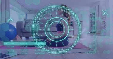 Kafkasyalı bir kadının laptopunu kullanarak egzersiz yaparken görüntüsü. Genel çevrimiçi vloglama, fitness, dijital arayüz ve bağlantılar konsepti, dijital olarak oluşturulmuş resim.