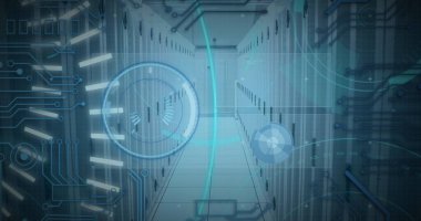 Sunucu odasında 5G metin ile tarama alanı görüntüsü. Küresel teknoloji, bilgisayar ve dijital arayüz kavramı, dijital olarak oluşturulmuş resim.