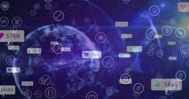 Sosyal medya simgeleri ve numaralarından oluşan bir dünya resmi. küresel sosyal medya, bağlantılar ve veri işleme konsepti, dijital olarak oluşturulmuş resim.