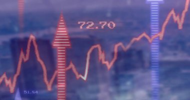 Şehir manzarası üzerinde finansal veri işleme resmi. Küresel finans, iş dünyası, bağlantılar, hesaplama ve veri işleme kavramı, dijital olarak oluşturulmuş resim.