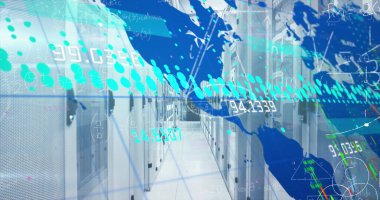 Sunucu odasında matematiksel denklemlerin ve veri işlemenin resmi. Küresel teknoloji, bilgisayar ve dijital arayüz kavramı, dijital olarak oluşturulmuş resim.