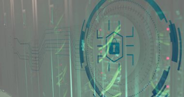 Ağ sunucu sistemleri üzerinde daire içine alınmış asma kilit simgesi resmi. Dijital bileşik, ağ güvenliği, koruma, ağ oluşturma, teknoloji, veri merkezi ve ağ sunucu kavramı.