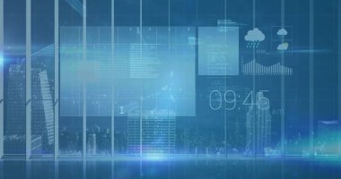 Şehrin veri işleme görüntüsü. Küresel iş ve dijital arayüz kavramı, dijital olarak oluşturulmuş görüntü.