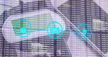 Akıllı telefon ve ödeme terminali üzerinden güvenlik simgeleri ve veri işleme resimleri. küresel veri güvenliği ve temassız ödemeler güvenlik konsepti, dijital olarak oluşturulmuş görüntü.