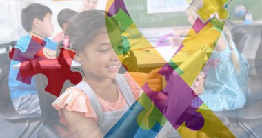 Renkli yapboz parçaları ve Cezayir 'i kullanan kadın arkadaşlarının görüntüsü. Otizm öğrenme zorlukları destek ve farkındalık kavramı, dijital olarak oluşturulmuş resim.