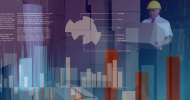 Sırt ağrısı çeken üst düzey erkek işçilere karşı mali veri işleme. küresel finans ve iş kavramı