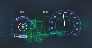 Donanma arka planında elektrikli kamyon projesi üzerindeki hız göstergesi. elektrikli arabalar, eko güç, sürdürülebilirlik ve teknoloji konsepti, dijital olarak üretilen görüntü.