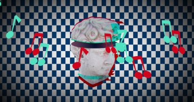 Siyah beyaz kareli arka planda notaları olan antik kafa heykeli. Soyut, sanat, renk ve hareket konsepti, dijital olarak oluşturulmuş görüntü.