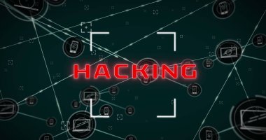 Görüntü bulucu, bağlı dizüstü bilgisayar ve telefon simgeleri ile metni hackleme görüntüsü. Dijital olarak oluşturulmuş, uyarı, yazılım, siber suç, virüs, güvenlik, teknoloji, taşınabilir cihaz kavramı.