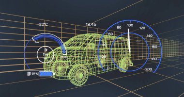 Donanma arkaplanındaki elektrikli minibüs projesinin üzerindeki hız göstergesi. elektrikli arabalar, eko güç, sürdürülebilirlik ve teknoloji konsepti, dijital olarak üretilen görüntü.