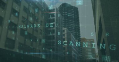 Şehir manzarası üzerinde veri işleme resmi. küresel iş ve dijital arayüz kavramı, dijital olarak oluşturulmuş görüntü.