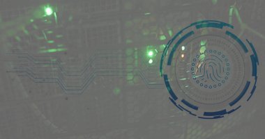 Aydınlatılmış veri sunucusu rafındaki dairelerin üzerindeki parmak izinin resmi. Dijital bileşik, iş, ilerleme, biyometrik, veri merkezi, ağ, teknoloji ve ağ sunucu kavramı.