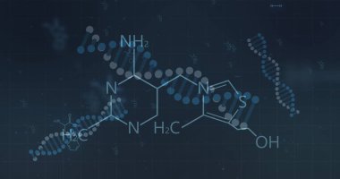 Element structure over rotating dna strands on black background. Science, technology, genetics, biology, medical research, digital interface and data, digitally generated image. clipart