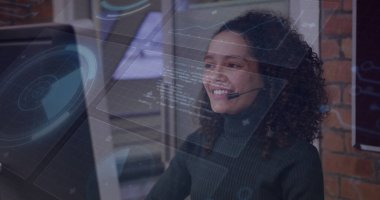 Image of data processing over biracial businesswoman using phone headset. Global business and digital interface concept, digitally generated image. clipart