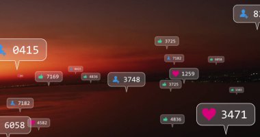 Günbatımı ve deniz manzarası üzerine sosyal medya simgeleri. Küresel sosyal medya, iletişim ve bağlantılar konsepti, dijital olarak oluşturulmuş görüntü.