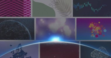 Birleşik ekranlarda oynayan renkli kliplerin üzerinde parlayan dünya üzerinde 6G metin görüntüsü. küresel iletişim, veri teknolojisi ve dijital arayüz konsepti, dijital olarak oluşturulmuş görüntü.