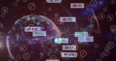 Sosyal medya simgeleri ve numaralarından oluşan bir dünya resmi. küresel sosyal medya, bağlantılar ve veri işleme konsepti, dijital olarak oluşturulmuş resim.