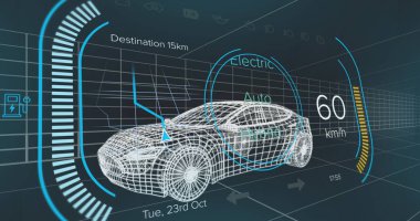 Donanma arka planında elektrikli araba projesinin üzerindeki hız göstergesi. elektrikli arabalar, eko güç, sürdürülebilirlik ve teknoloji konsepti, dijital olarak üretilen görüntü.