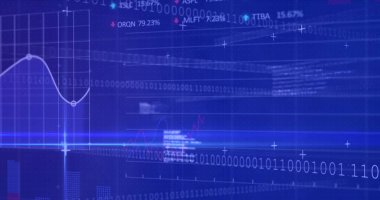 Mavi arkaplan üzerindeki veri işleme ve şekillerin resmi. Küresel iş ve dijital arayüz kavramı, dijital olarak oluşturulmuş görüntü.