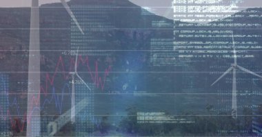 Çayır üzerinde dönen yel değirmenlerinin istatistiksel veri işleme görüntüsü. İş verileri ve yenilenebilir enerji teknolojisi kavramı